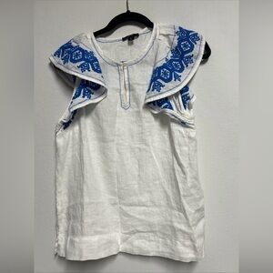 White Sleeveless Top with Blue Embroidery J. Crew Medium